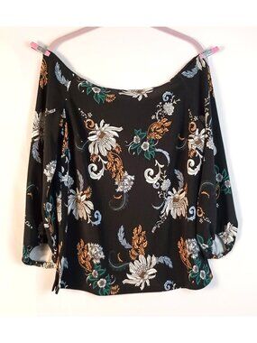 Boston Proper Off Shoulder Black Floral Blouse Long Sleeve Top M Stretch